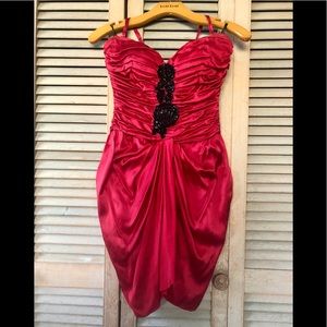Bebe silk red satin dress embellished floral drape